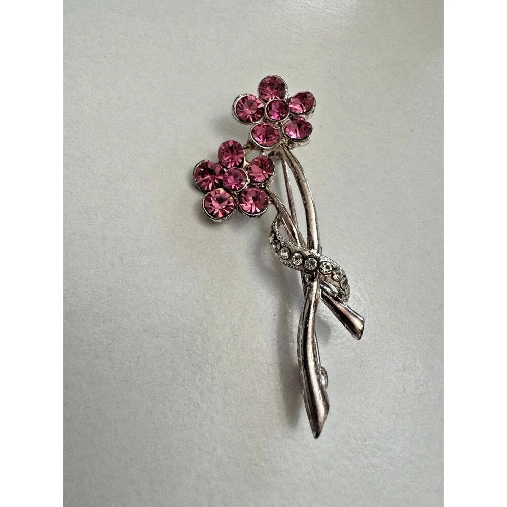 Vintage Rhinestone Flower Brooch Pink Crystal Double Stem 2 Inch